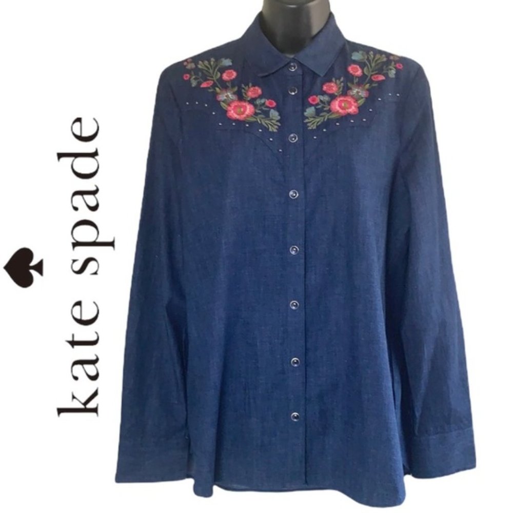 Kate Spade Blue Dark Wash Embroidered Chambray Denim Shirt Size M